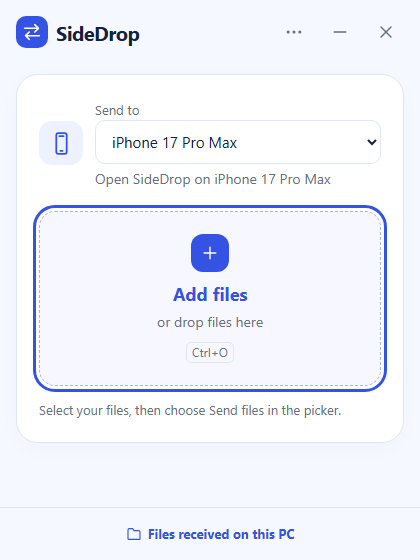 Windows SideDrop beta: select an approved phone, then add files.